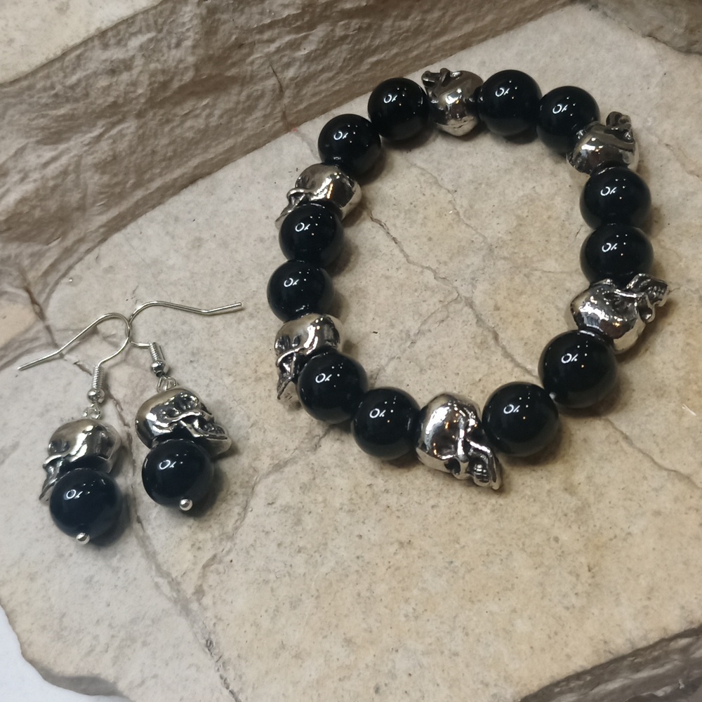 Black Onyx and Silver Skull Jewelry Set